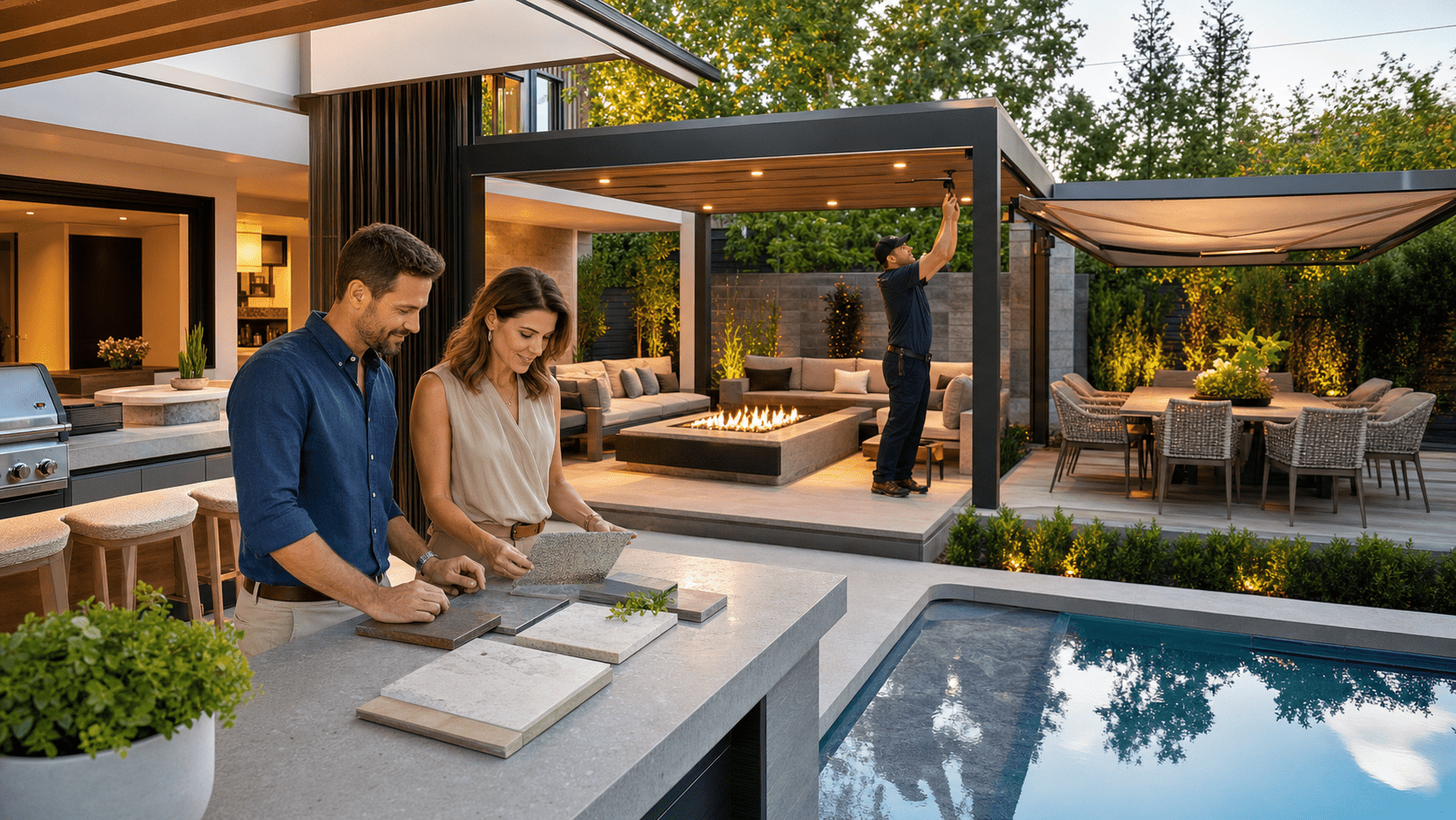 outdoor living room with couches, dining area, bar and outdoor kitchen outdoor furniture for seating, entertaining and dining under a custom pergola with an outdoor kitchen and bar
