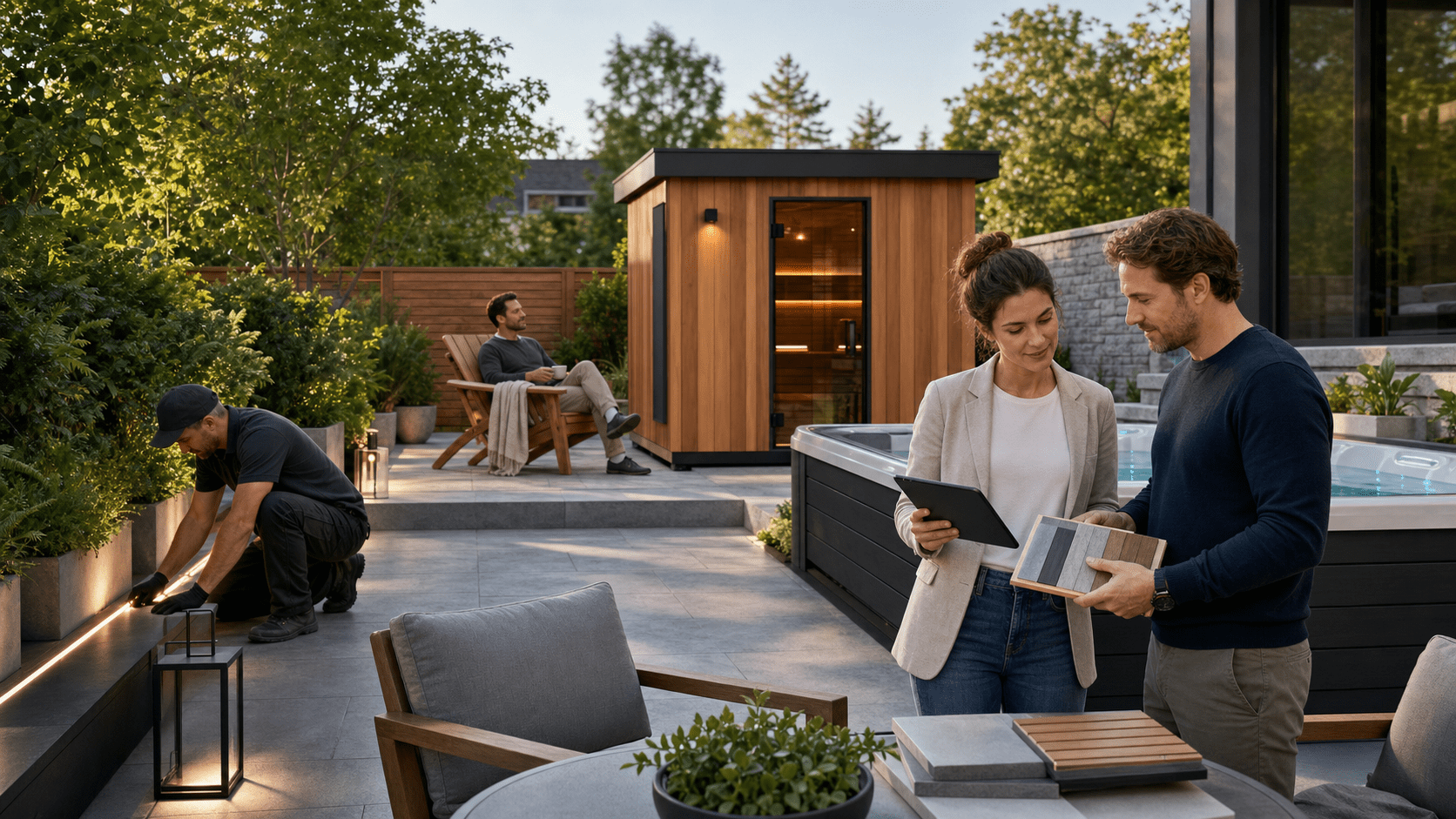 outdoor living room with couches, dining area, bar and outdoor kitchen outdoor furniture for seating, entertaining and dining under a custom pergola with an outdoor kitchen and bar