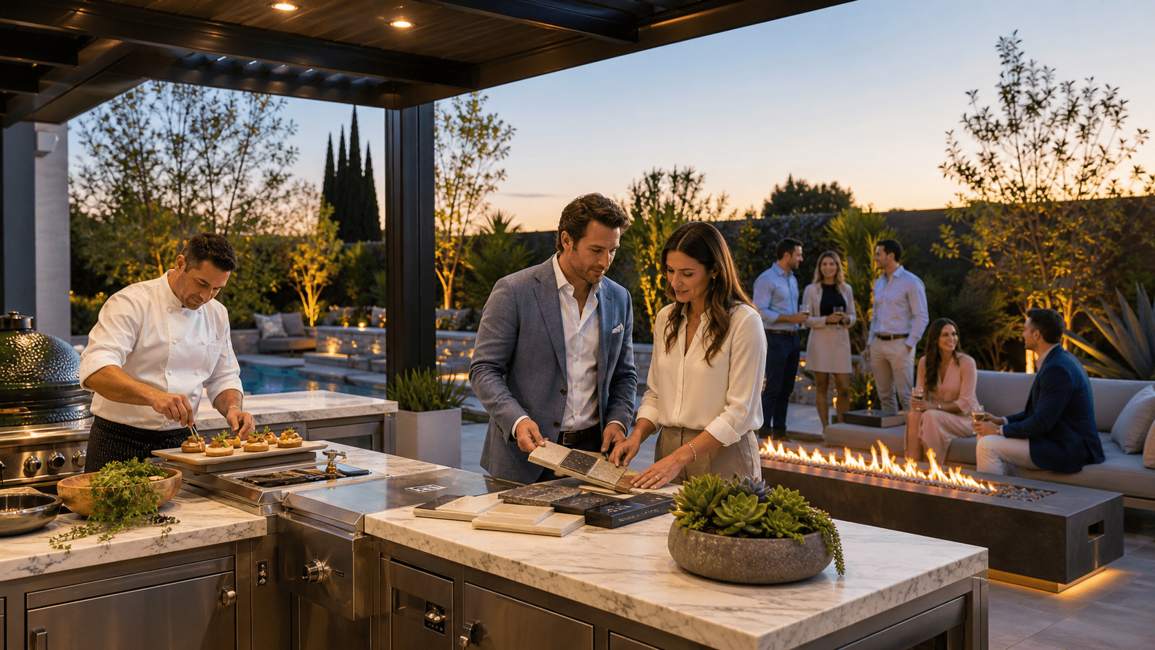 outdoor living room with couches, dining area, bar and outdoor kitchen outdoor furniture for seating, entertaining and dining under a custom pergola with an outdoor kitchen and bar