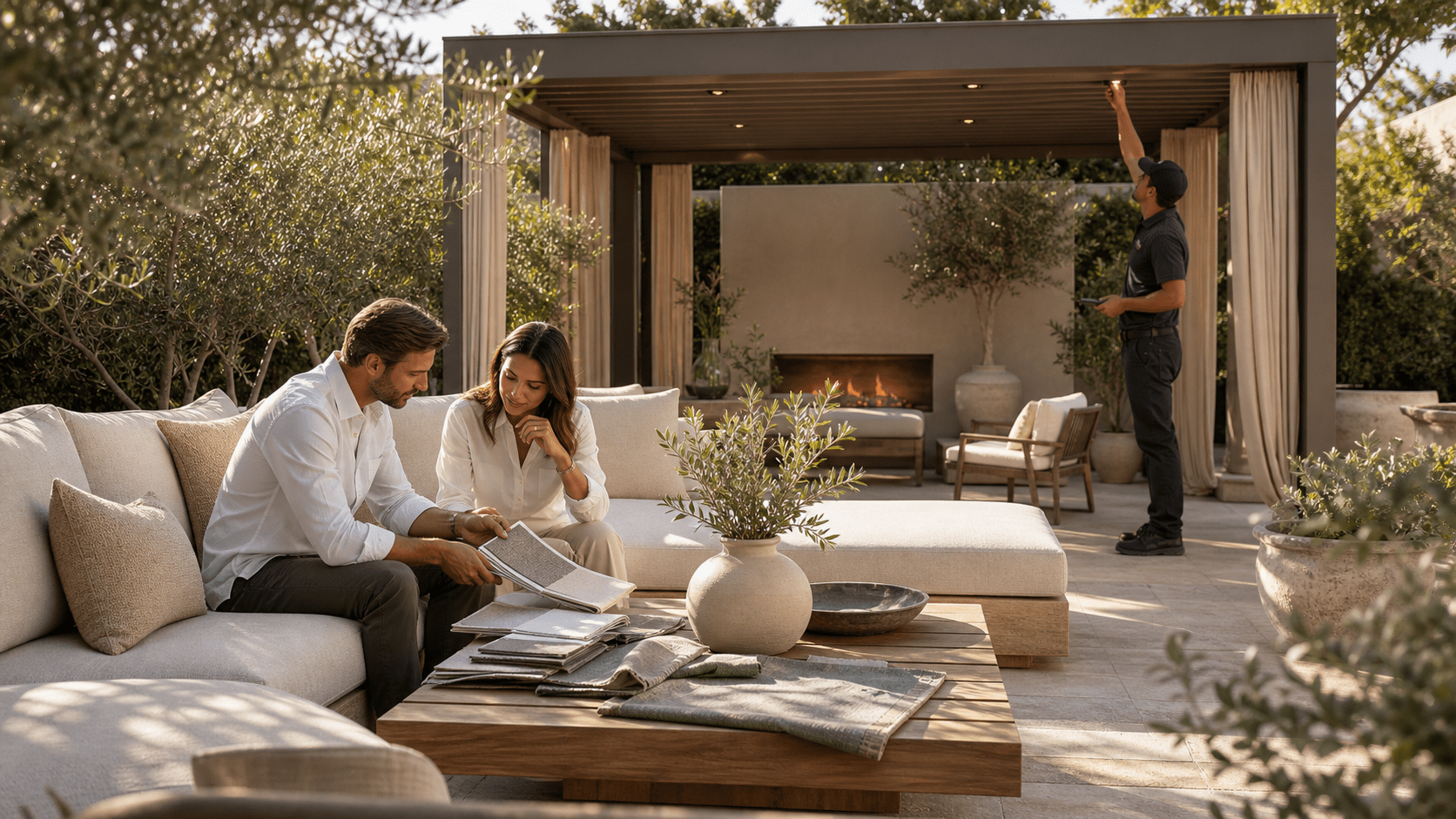 outdoor furniture for seating, entertaining and dining under a custom pergola with an outdoor kitchen and bar