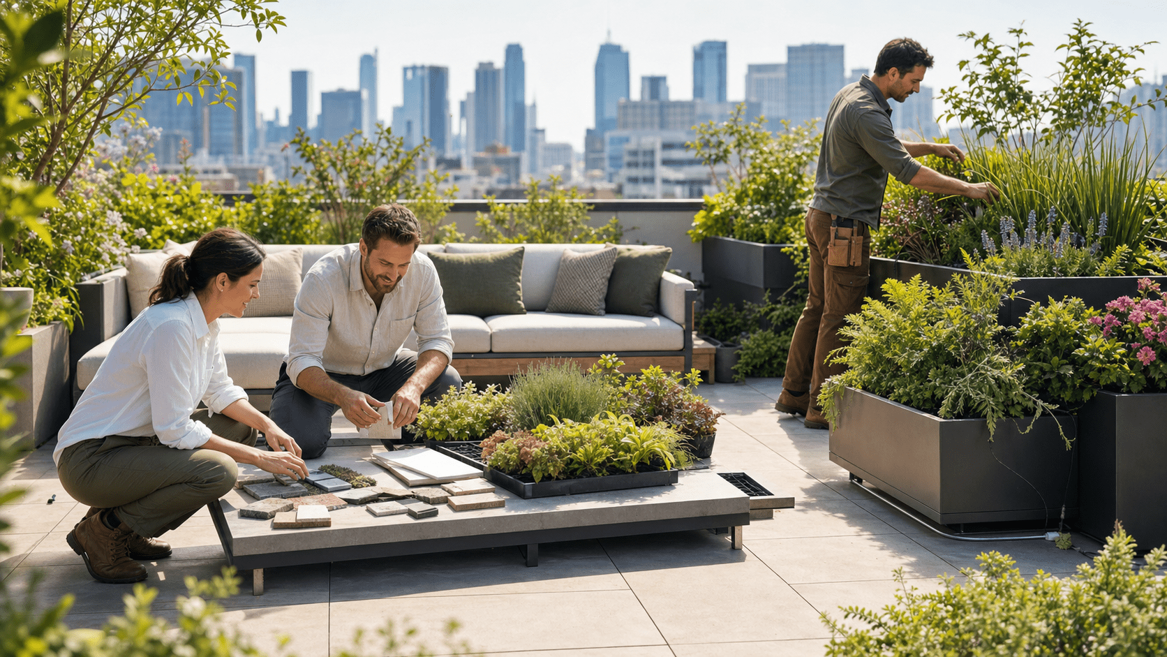 outdoor living room with couches, dining area, bar and outdoor kitchen outdoor furniture for seating, entertaining and dining under a custom pergola with an outdoor kitchen and bar