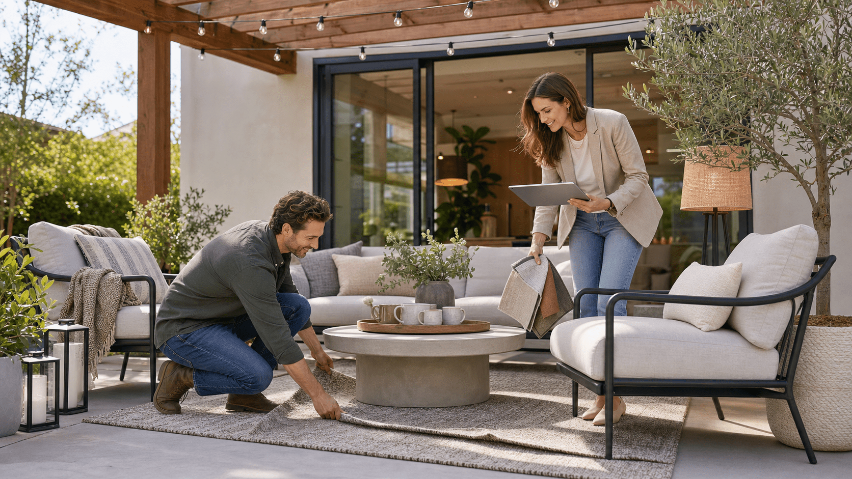 outdoor living room with couches, dining area, bar and outdoor kitchen outdoor furniture for seating, entertaining and dining under a custom pergola with an outdoor kitchen and bar