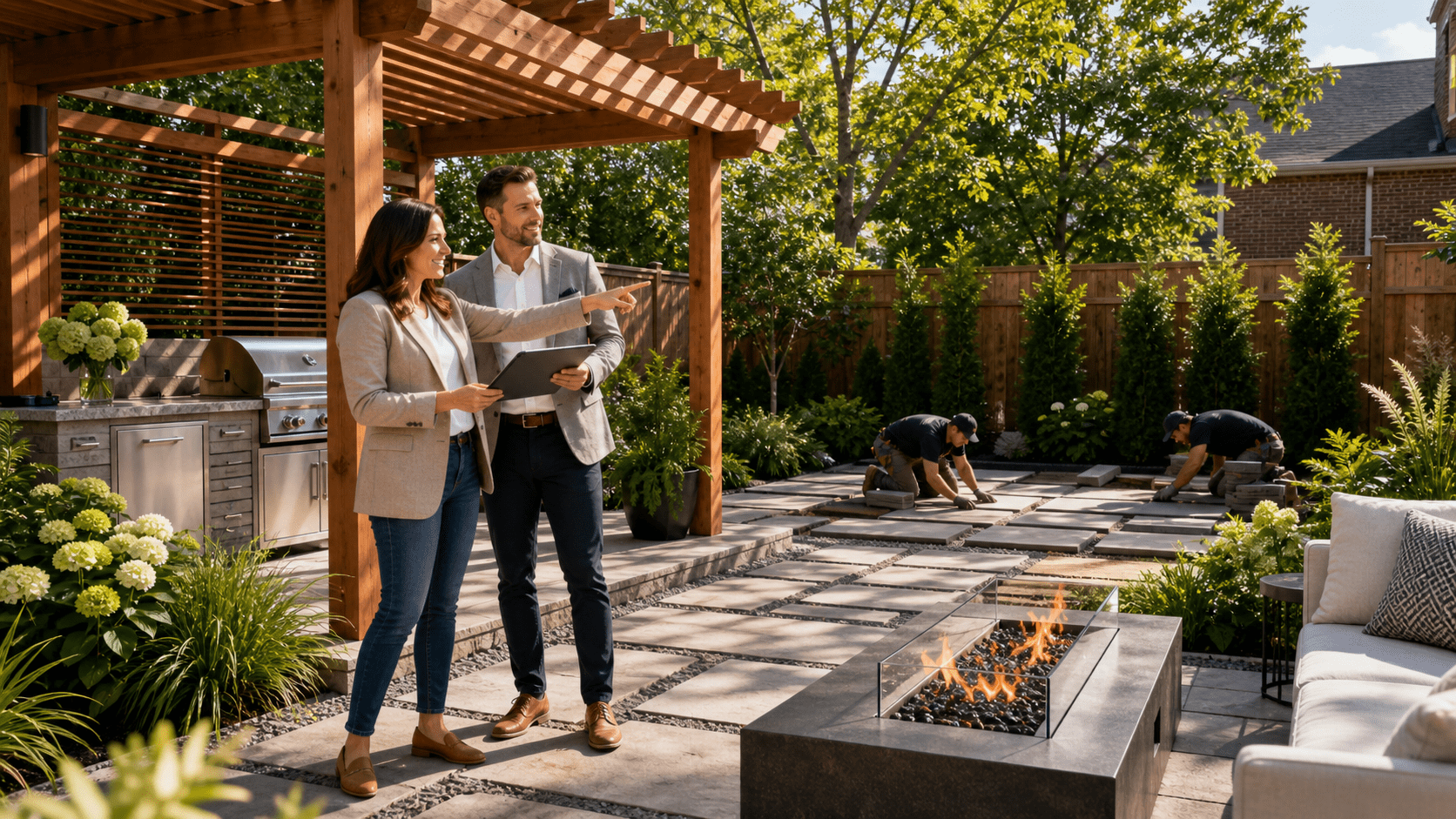 outdoor living room with couches, dining area, bar and outdoor kitchen outdoor furniture for seating, entertaining and dining under a custom pergola with an outdoor kitchen and bar