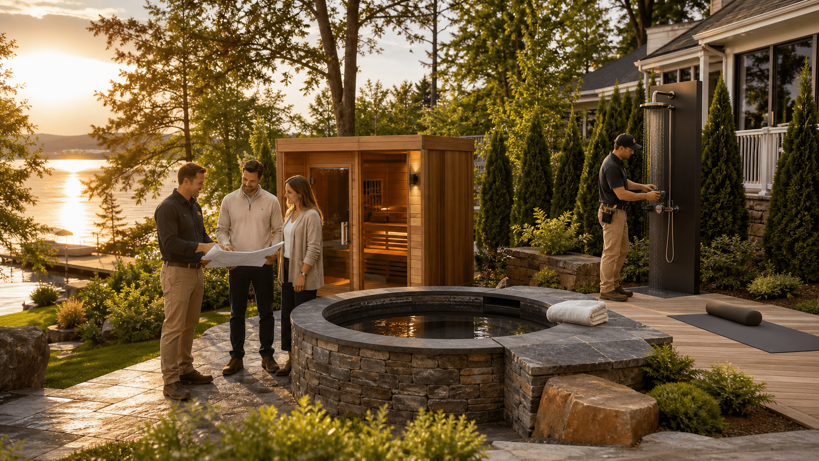 outdoor living room with couches, dining area, bar and outdoor kitchen outdoor furniture for seating, entertaining and dining under a custom pergola with an outdoor kitchen and bar