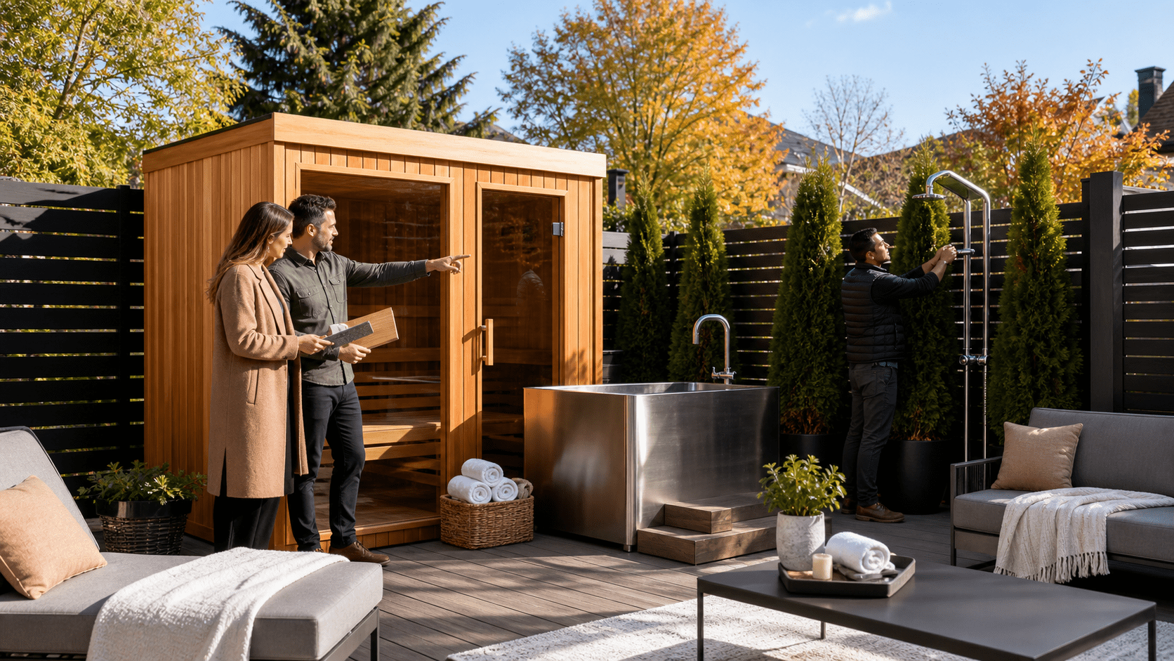 outdoor furniture for seating, entertaining and dining under a custom pergola with an outdoor kitchen and bar