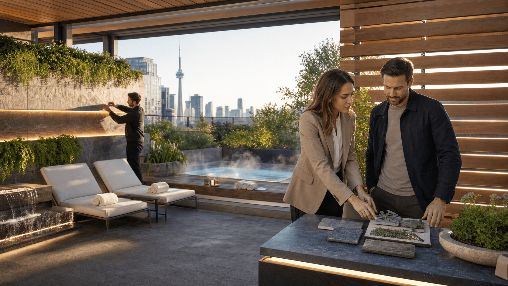 outdoor furniture for seating, entertaining and dining under a custom pergola with an outdoor kitchen and bar