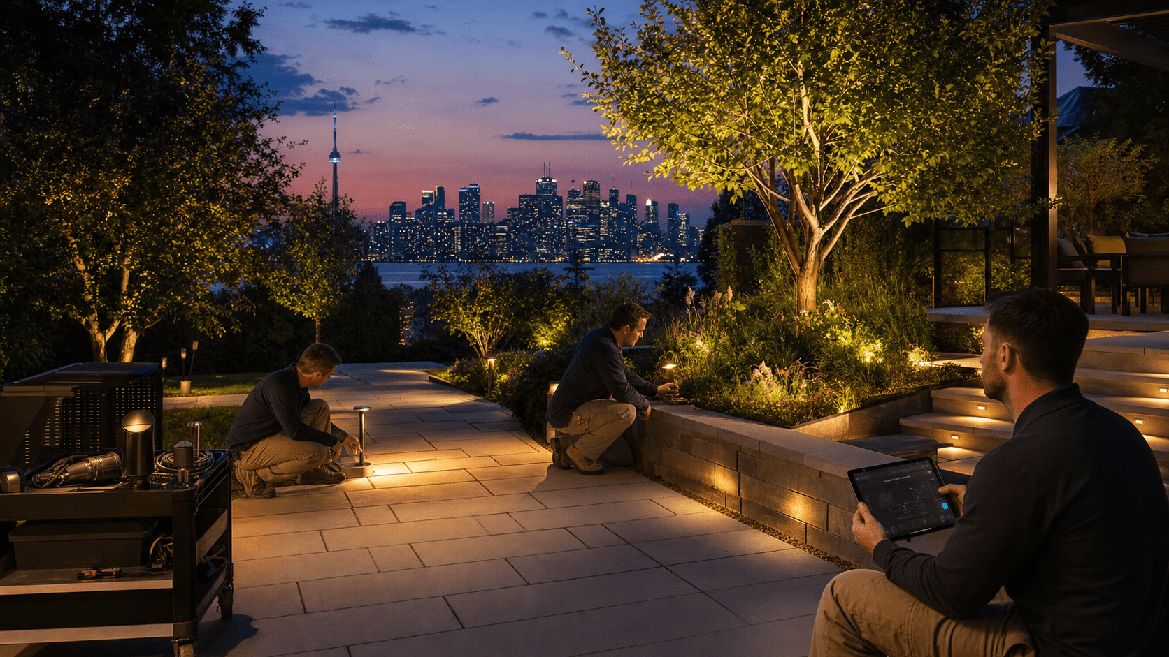 outdoor furniture for seating, entertaining and dining under a custom pergola with an outdoor kitchen and bar