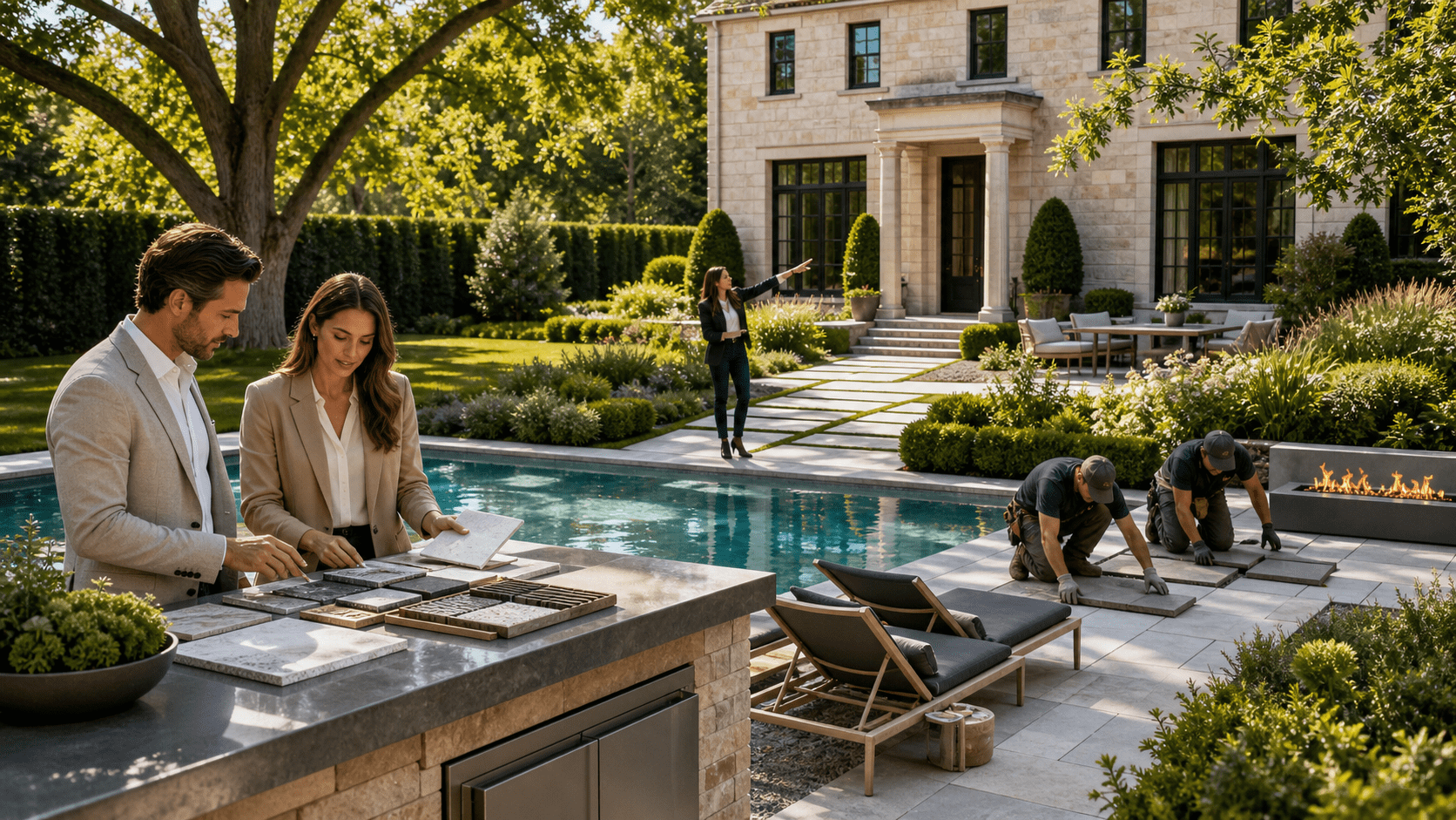 outdoor living room with couches, dining area, bar and outdoor kitchen outdoor furniture for seating, entertaining and dining under a custom pergola with an outdoor kitchen and bar
