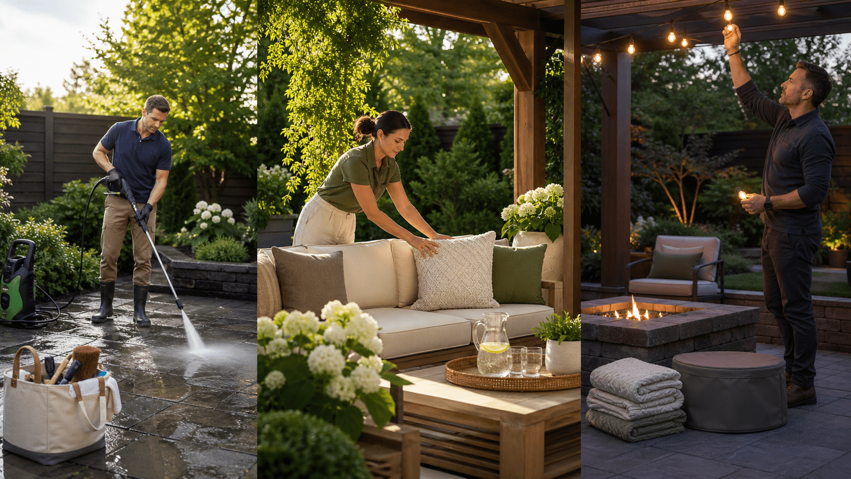 outdoor furniture for seating, entertaining and dining under a custom pergola with an outdoor kitchen and bar
